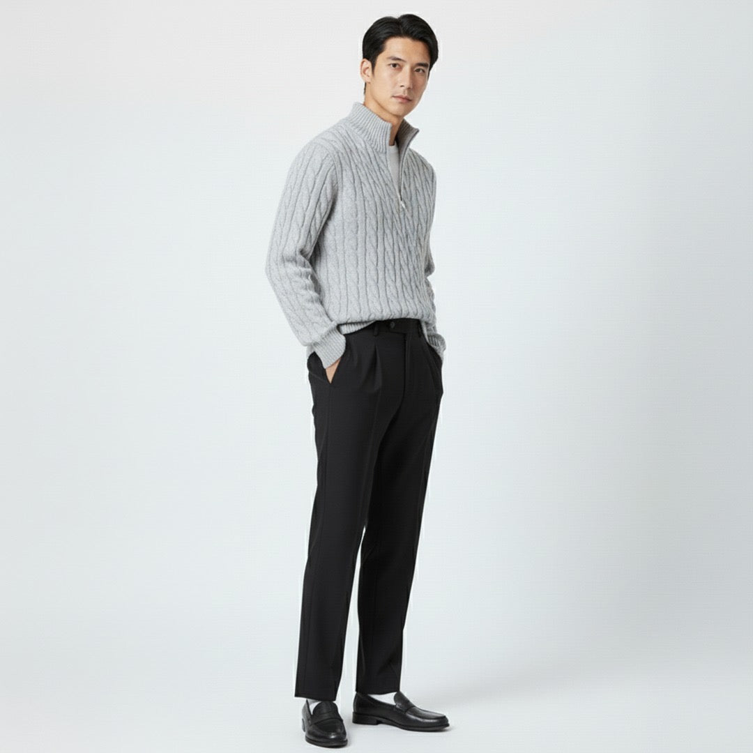 Thijs | Outfit met kabeltrui en nette broek