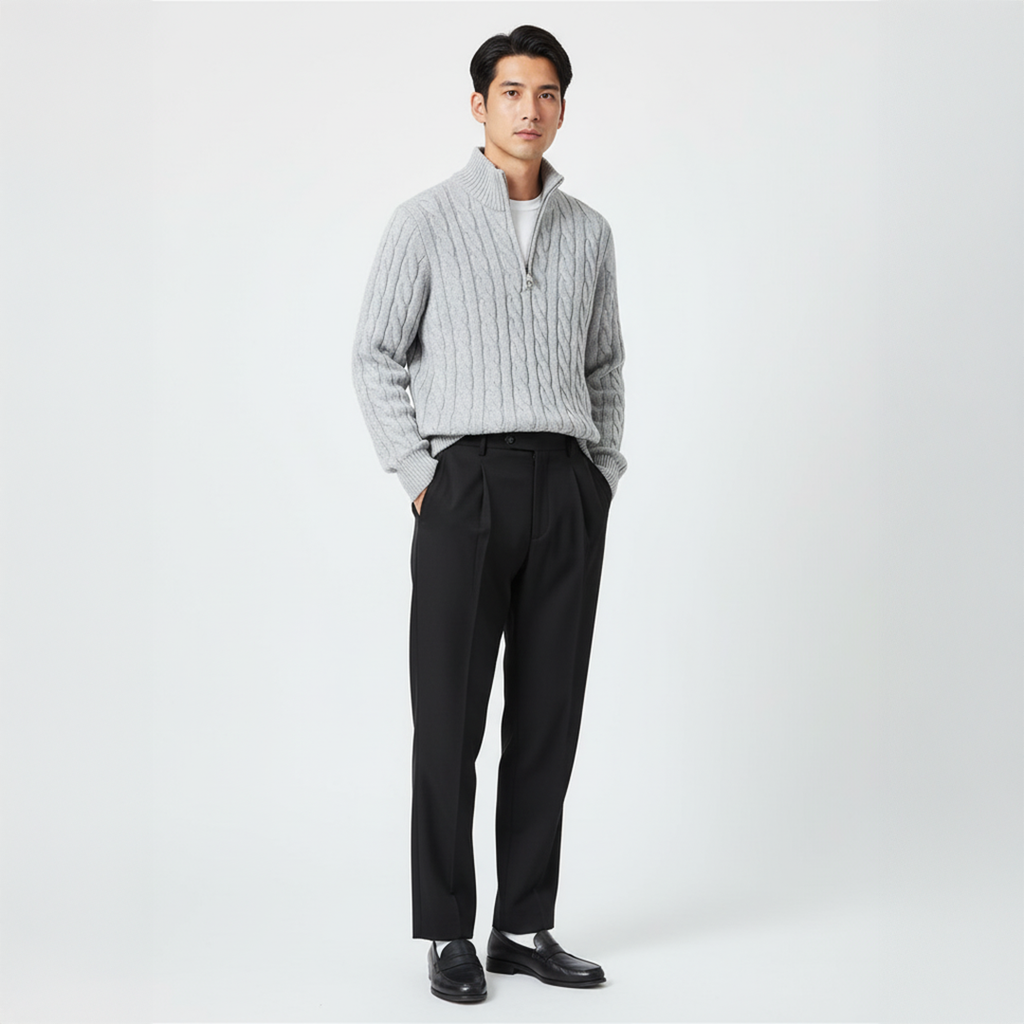 Thijs | Outfit met kabeltrui en nette broek