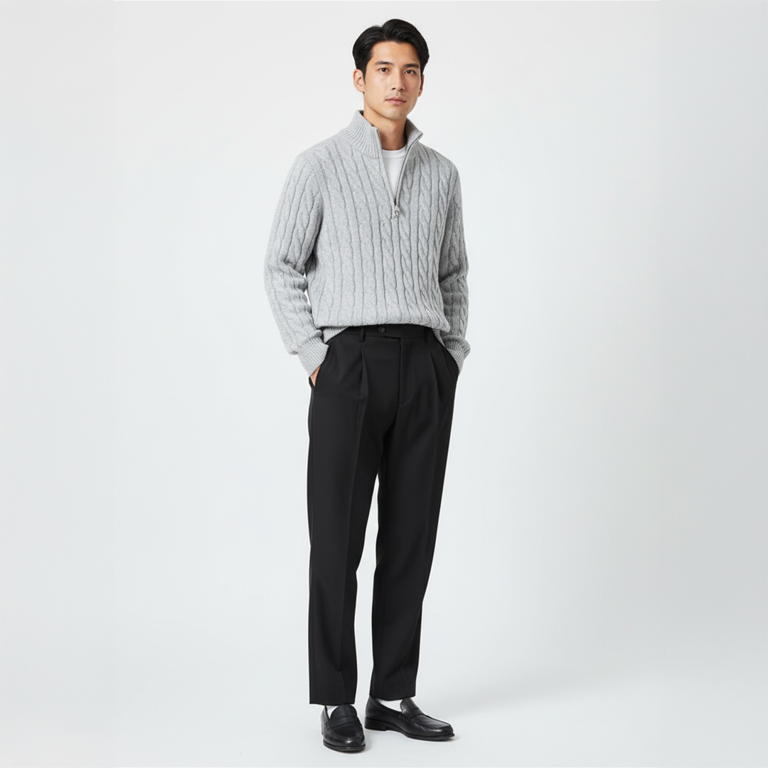 Thijs | Outfit met kabeltrui en nette broek