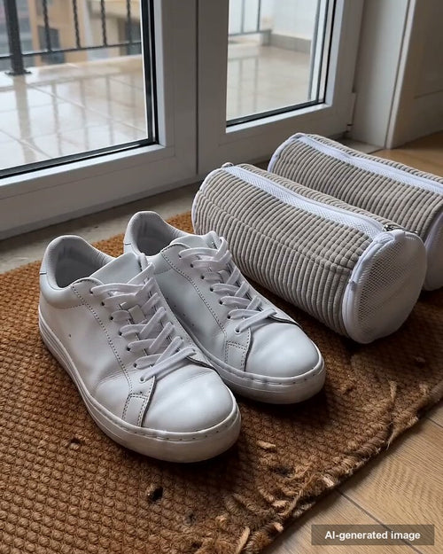 Zapatillas blancas limpias junto a las dos bolsas de lavado