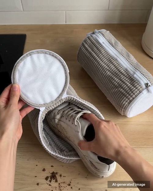 Mano metiendo una zapatilla en la bolsa acolchada
