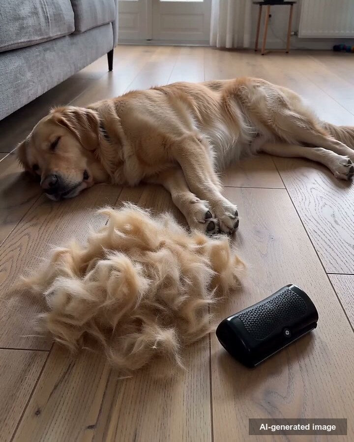 Montón de subpelo junto al perro tumbado y el cepillo