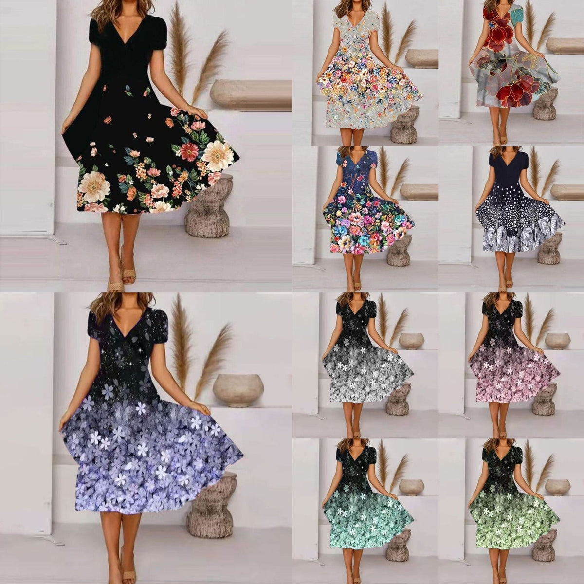 Eva | Jurk met all-over print en V-hals